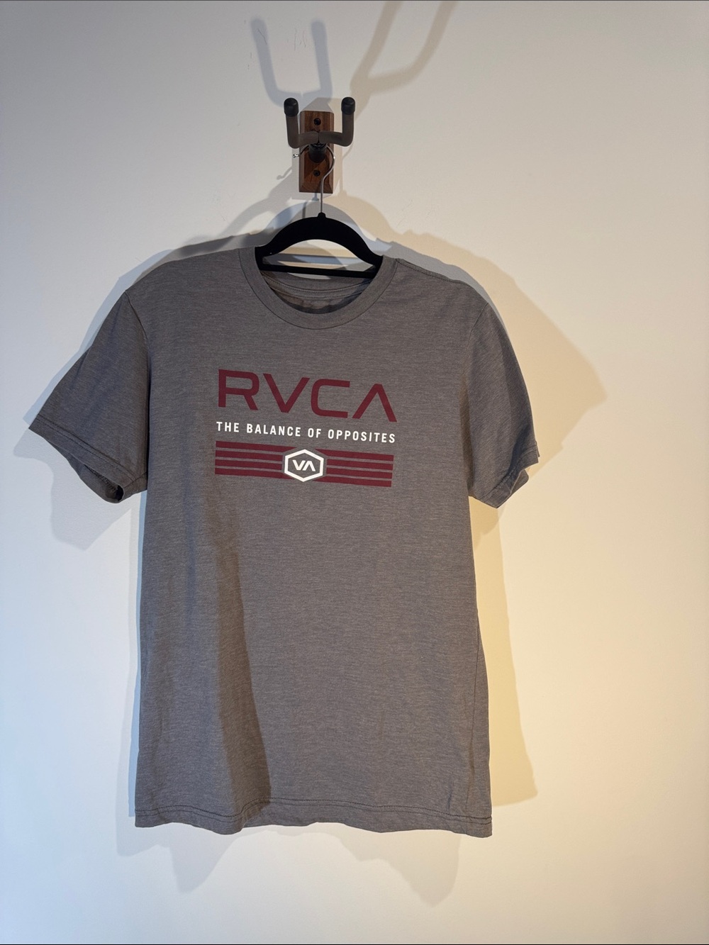 RVCA Short Sleeve Grey Tee with Maroon Logo